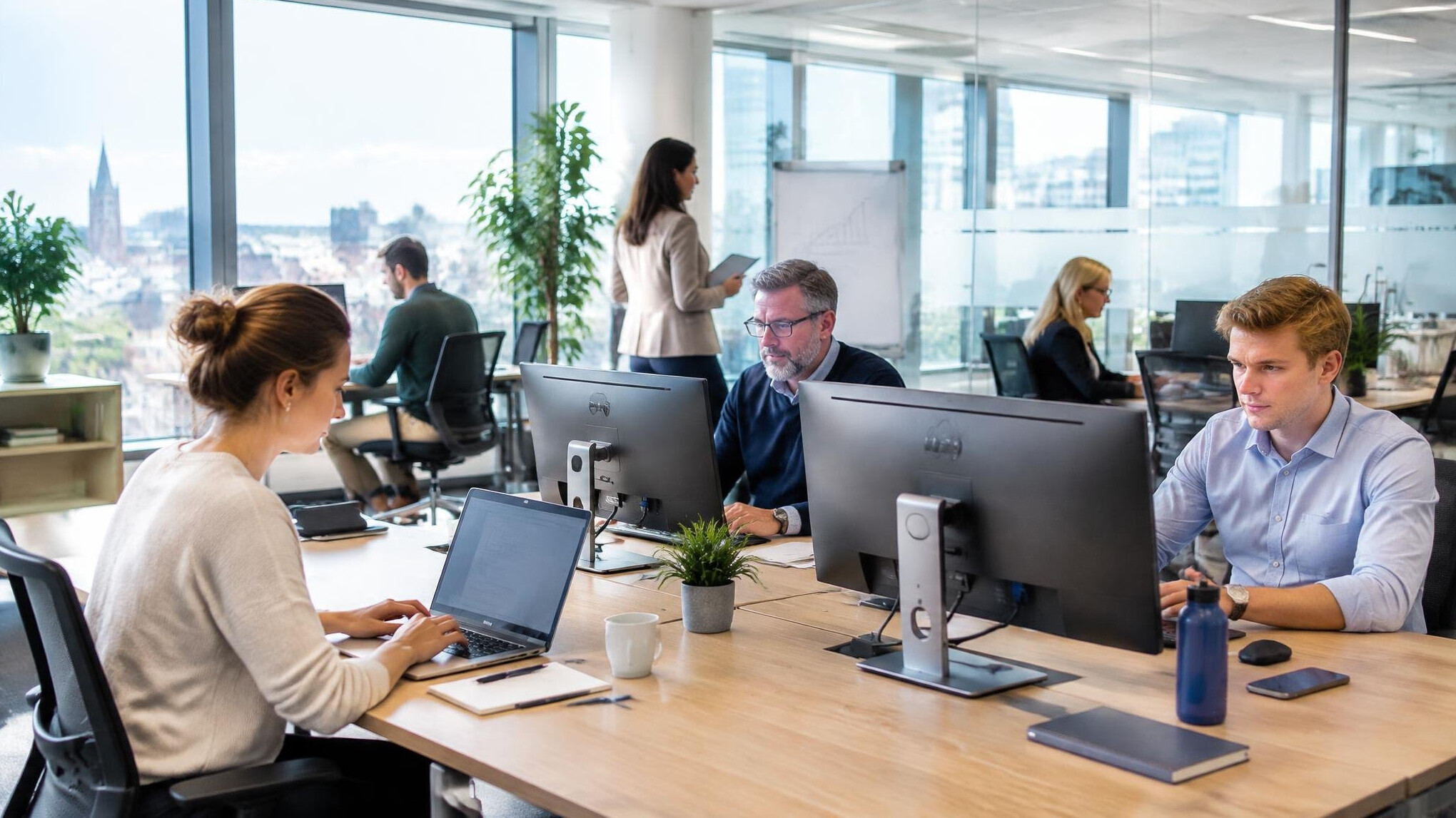 Wide view of a modern office meeting room with people working