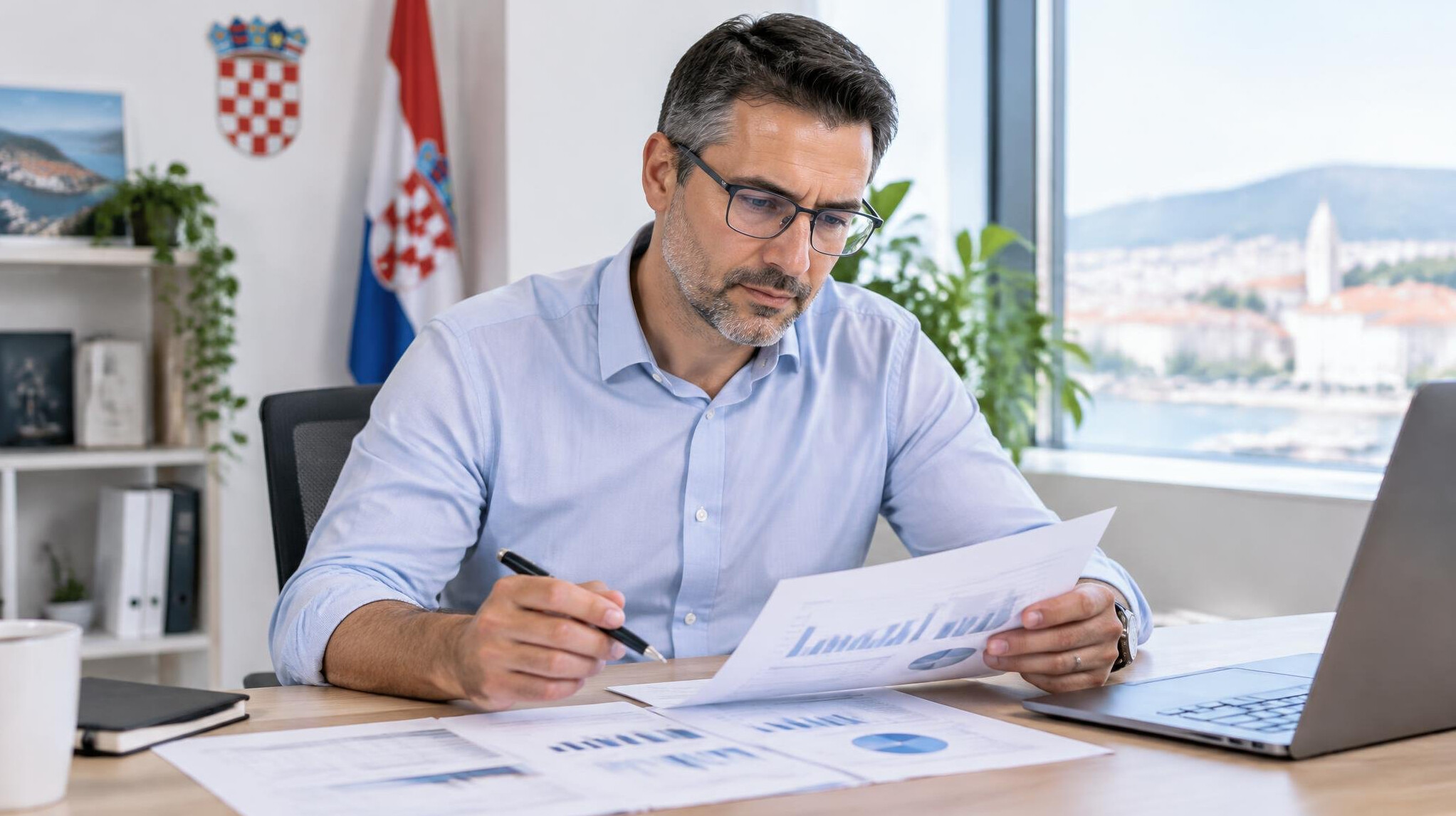 Person reviewing printed reports at a desk