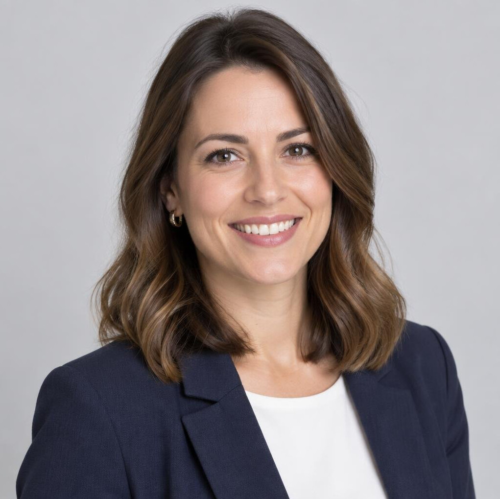 Studio portrait of a smiling Croatian woman with shoulder-length brown hair
