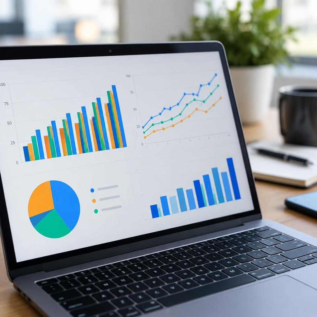 Close-up of a laptop screen displaying colorful data visualizations