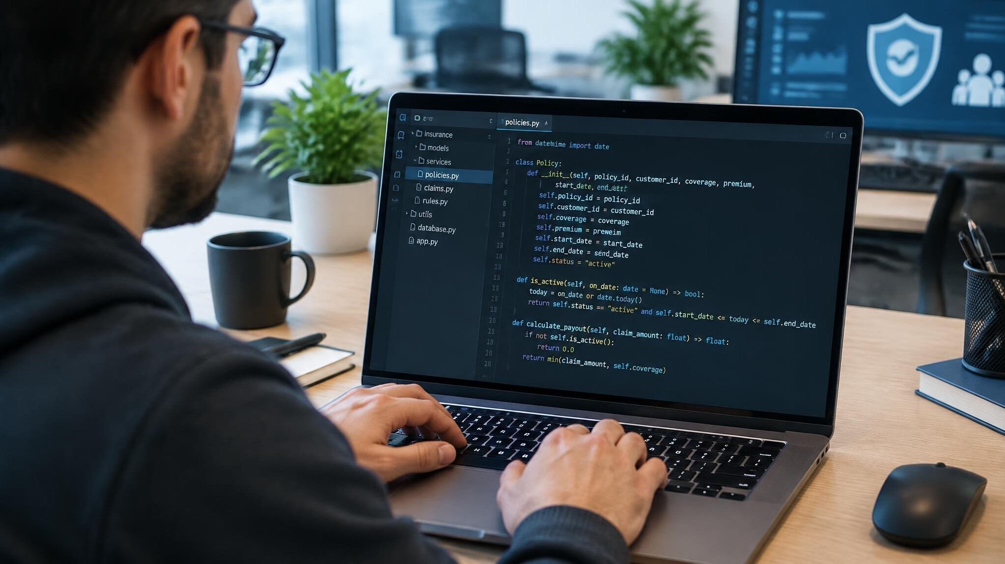programmer writing insurance code on laptop