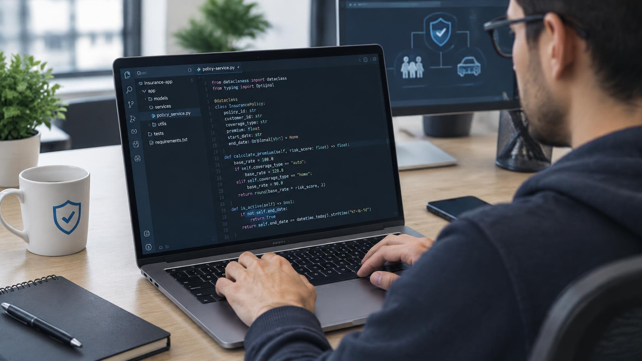programmer writing insurance code on laptop