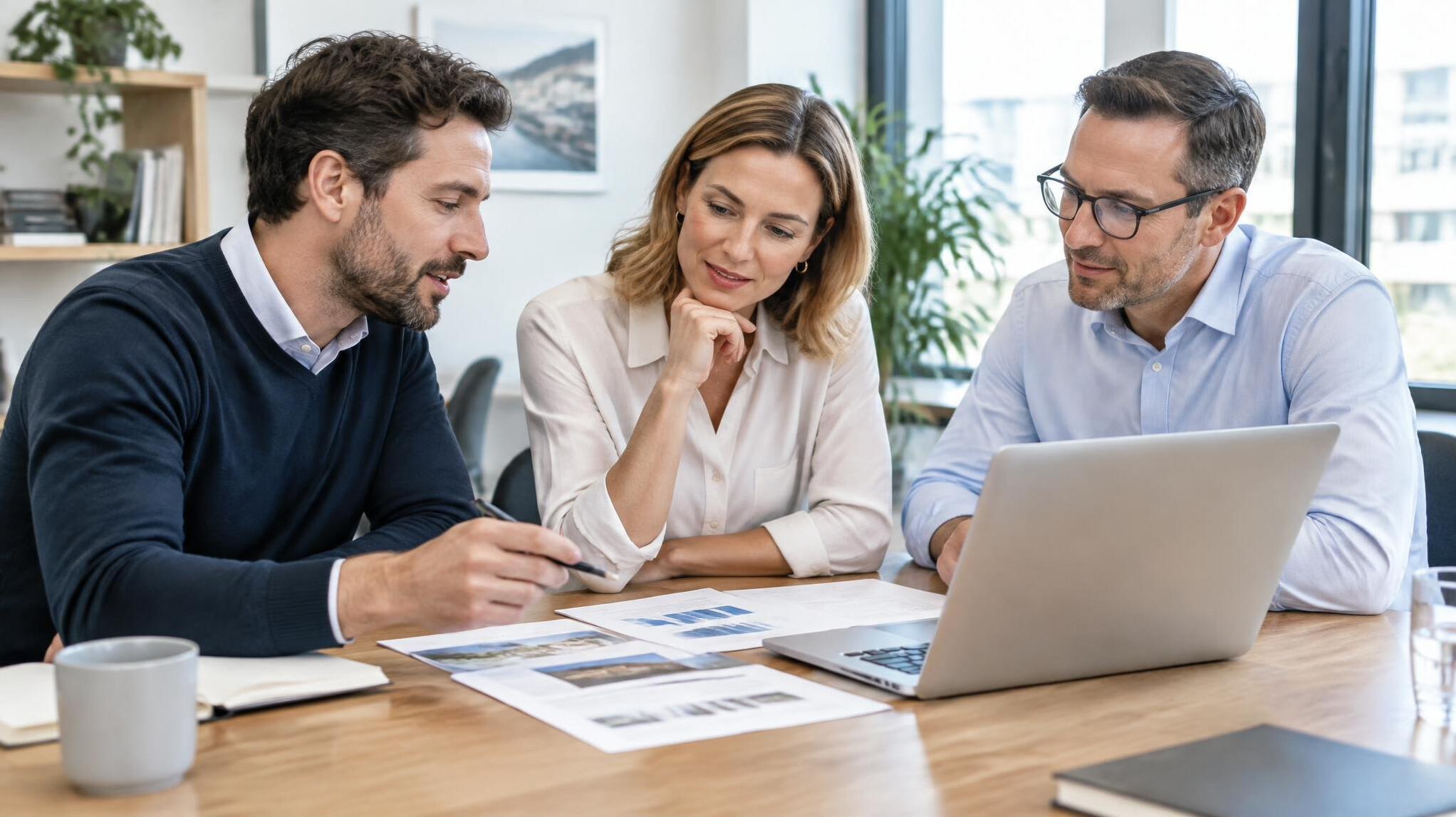Small team discussing documents around a table