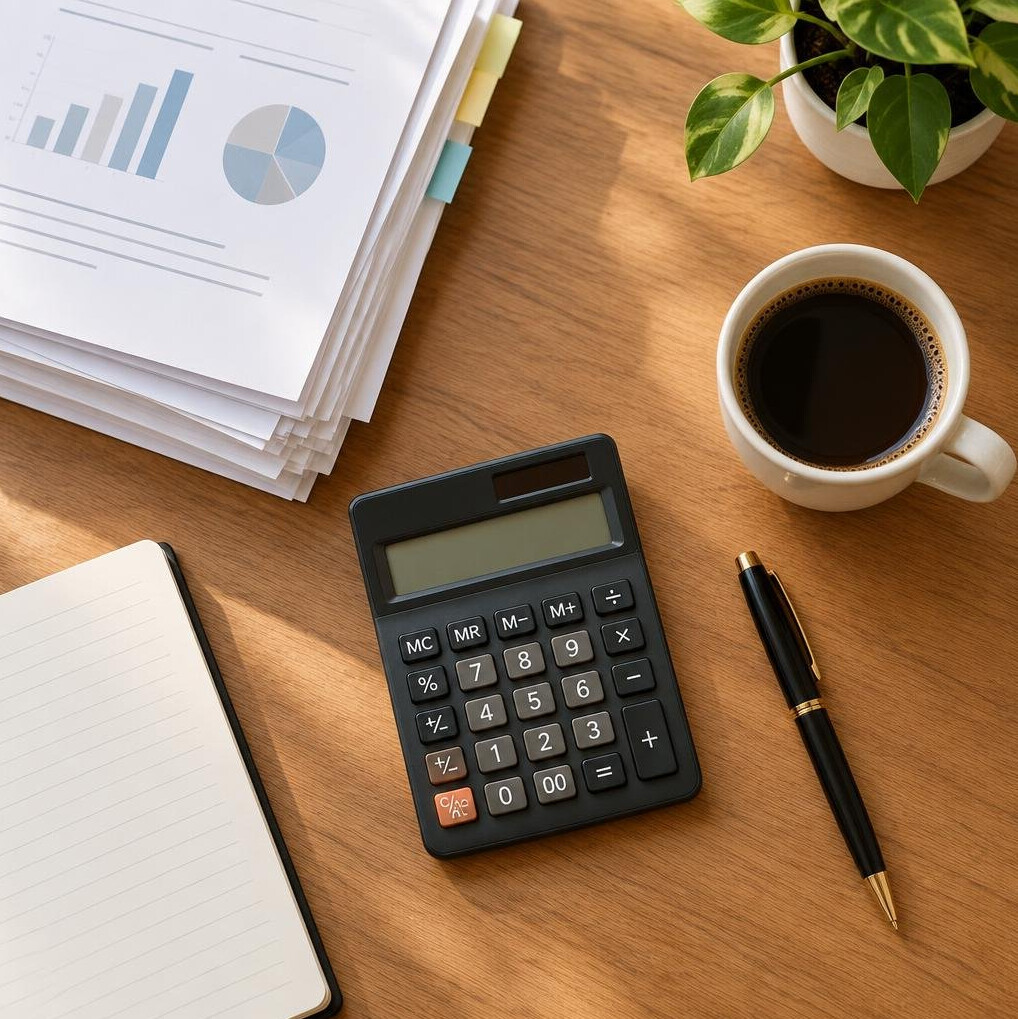Desk with documents, calculator and pen