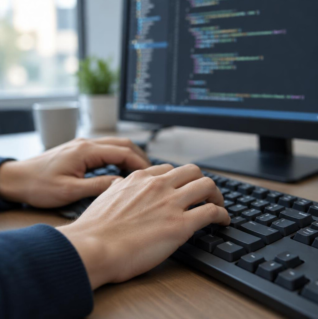 Close-up of hands typing on a computer keyboard